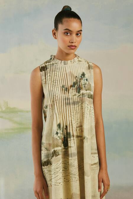 Shop_Cord_Multi Color 100% Pure Linen Modern Toile Round Coastal Printed Kurta And Pant Set_Online_at_Aza_Fashions