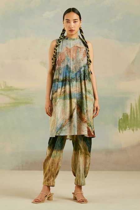 Cord Linen Coastal Printed Kurta & Pant Set 