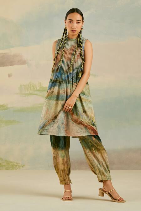 Cord_Multi Color 100% Pure Linen Valley Round Coastal Printed Kurta And Pant Set_Online_at_Aza_Fashions