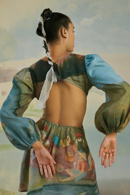 Shop_Cord_Blue Pure Linen Spring High Neck Euro Dress_at_Aza_Fashions