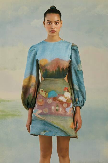 Cord_Blue Pure Linen Spring High Neck Euro Dress_Online_at_Aza_Fashions