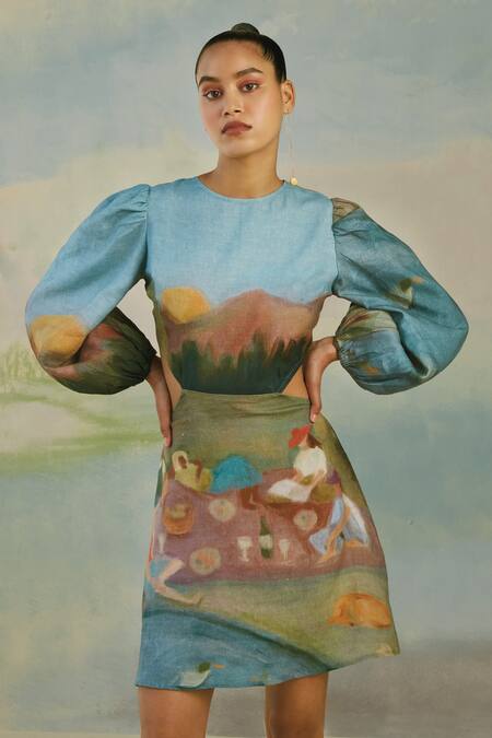 Buy_Cord_Blue Pure Linen Spring High Neck Euro Dress_Online_at_Aza_Fashions