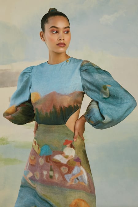 Shop_Cord_Blue Pure Linen Spring High Neck Euro Dress_Online_at_Aza_Fashions