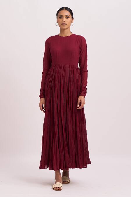 Buy_Dot_Maroon Anarkali Gauze, Pant Round And Set _Online_at_Aza_Fashions