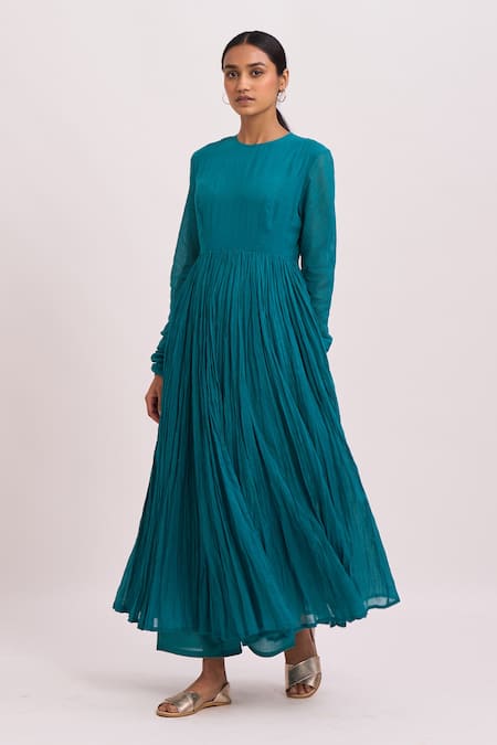 Dot_Blue Anarkali Gauze, Pant Round Gathered And Set _Online_at_Aza_Fashions