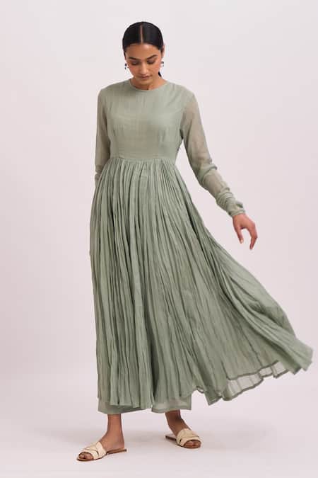 Buy_Dot_Green Anarkali Gauze, Pant Round Gathered And Set _Online_at_Aza_Fashions