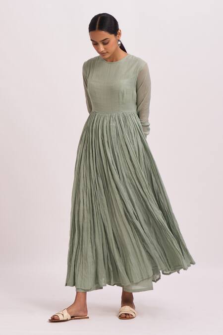 Dot_Green Anarkali Gauze, Pant Round Gathered And Set _Online_at_Aza_Fashions