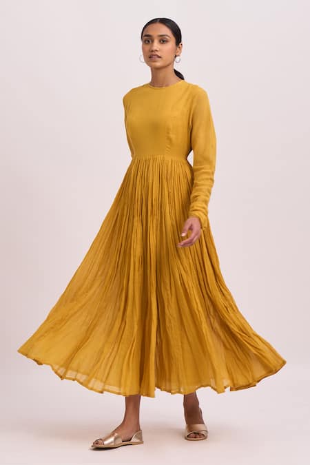 Dot_Yellow Anarkali Gauze, Pant Round Full Sleeve And Set _Online_at_Aza_Fashions