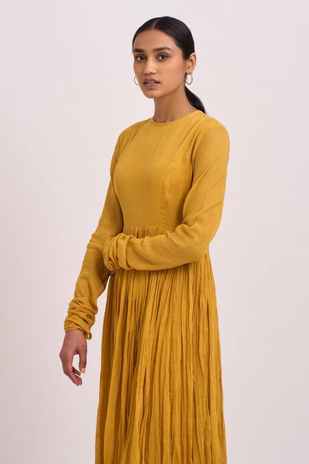 Buy_Dot_Yellow Anarkali Gauze, Pant Round Full Sleeve And Set _Online_at_Aza_Fashions