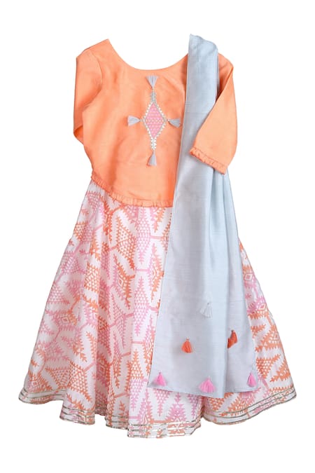 Mi Dulce An'ya Peach 100% Organic Cotton Print And Embroidery Handwoven Chanderi Lehenga Set 