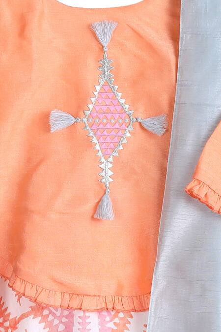 MI Dulce AN'YA_Peach Handloom Cotton, Chanderi, Silk Embroidery, Tassels Handwoven Lehenga Set _Online_at_Aza_Fashions