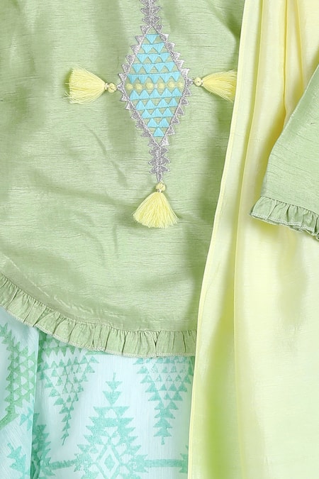 MI Dulce AN'YA_Green Handloom Cotton, Chanderi, Silk Embroidery, Tassels Handwoven Lehenga Set _Online_at_Aza_Fashions