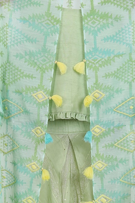 MI Dulce AN'YA Green , Chanderi, Handloom Tassels, Handwoven Cape Dhoti Pant Set Online at Aza Fashions MI Dulce AN'YA_Green , Chanderi, Handloom Tassels, Handwoven Cape Dhoti Pant Set _Online_at_Aza_Fashions