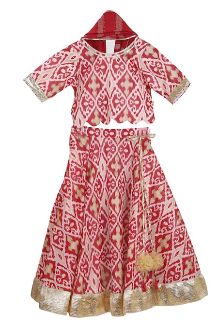 MI Dulce AN'YA_Red , Silk, Chanderi, Handloom Gota Patti, Ikat Print Lehenga Set _Online_at_Aza_Fashions