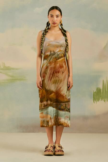 Cord_Brown Cotton Terrain Print Round Island Dress_Online_at_Aza_Fashions