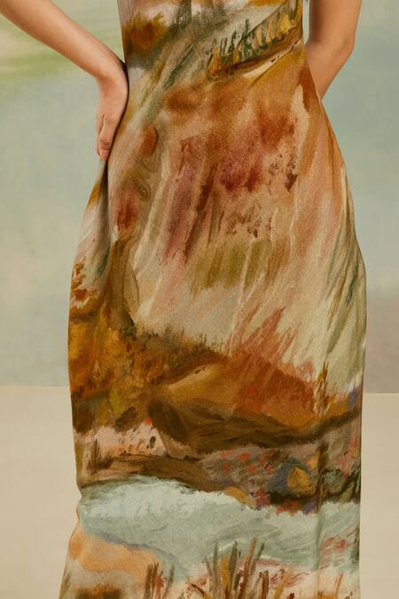 Buy_Cord_Brown Cotton Terrain Print Round Island Dress_Online_at_Aza_Fashions