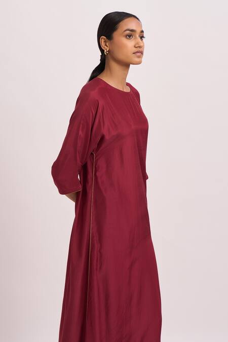 Dot_Red Cotton Silk Round Kaftan Style Kurta And Pant Set _Online_at_Aza_Fashions