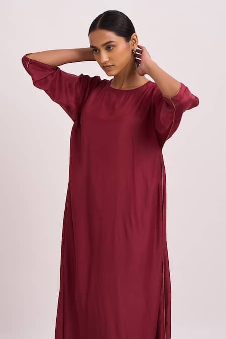 Buy_Dot_Red Cotton Silk Round Kaftan Style Kurta And Pant Set _Online_at_Aza_Fashions