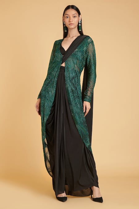 Siddartha Tytler Green Jacket Net Embroidered Crystal Jacket V Pre-pleated Saree With  