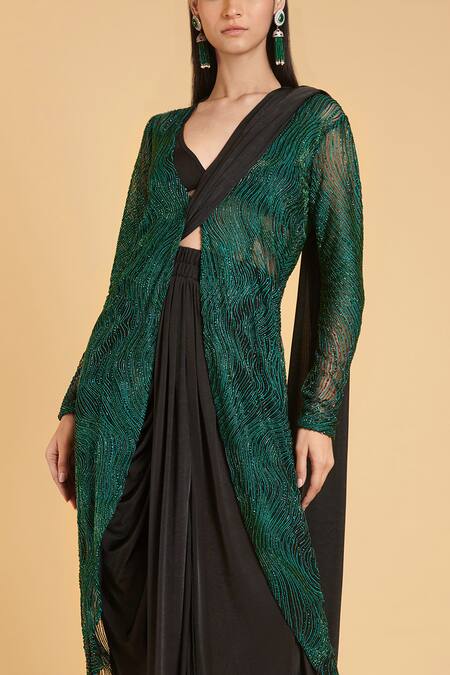 Siddartha Tytler_Green Jacket Net, Saree Spandex Crystal, Bead Jacket V Neck Pre-pleated With _Online_at_Aza_Fashions