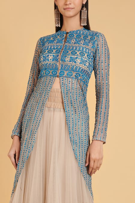 Siddartha Tytler_Blue Tulle Floral Round Embroidered High Low Jacket _Online_at_Aza_Fashions