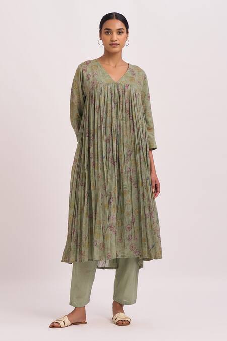 Dot_Green Anarkali , Pant Silk Butti V Neck Printed And Set _Online_at_Aza_Fashions