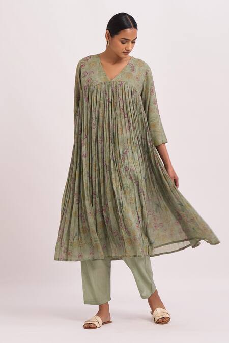 Buy_Dot_Green Anarkali , Pant Silk Butti V Neck Printed And Set _Online_at_Aza_Fashions