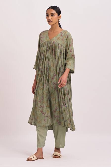 Shop_Dot_Green Anarkali , Pant Silk Butti V Neck Printed And Set _Online_at_Aza_Fashions