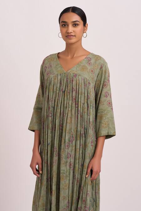 Dot_Green Anarkali , Pant Silk Butti V Neck Printed And Set _at_Aza_Fashions