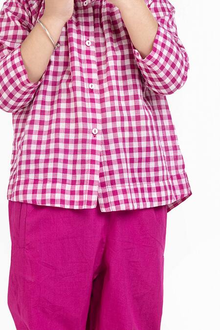Shop_Three_Pink Handloom Cotton Handwoven Checkered Top  _Online_at_Aza_Fashions