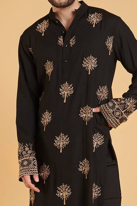 Siddartha Tytler Black Rayon Floral Embroidered Kurta Online at Aza Fashions Siddartha Tytler_Black Rayon Floral Embroidered Kurta _Online_at_Aza_Fashions