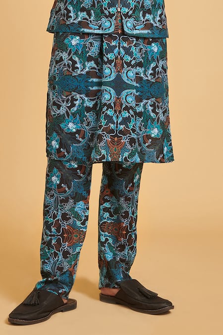 Siddartha Tytler_Black Blended Linen Jewel Print Waistcoat And Kurta Set_Online_at_Aza_Fashions