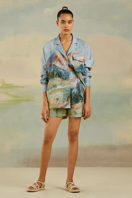 Cord Blue Pure Linen Printed Valley Lapel Collar Lounge Shirt And Shorts Set