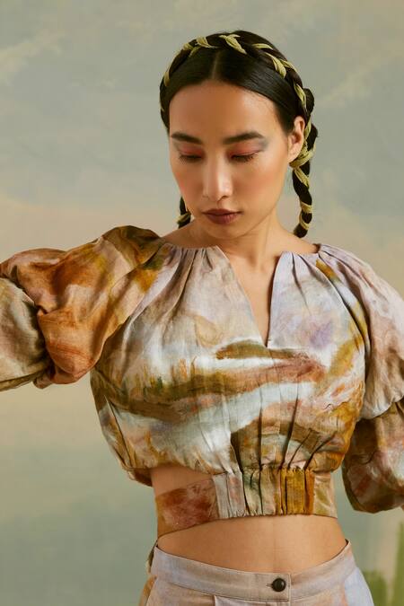 Cord_Brown Twill, Linen Terrain Print V Neck Lisbon Crop Top And Pant Set_Online_at_Aza_Fashions