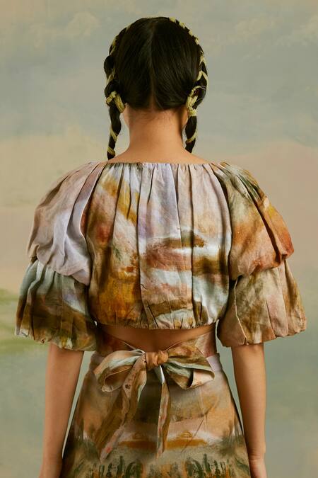 Buy_Cord_Brown Twill, Linen Terrain Print V Neck Lisbon Crop Top And Pant Set_Online_at_Aza_Fashions