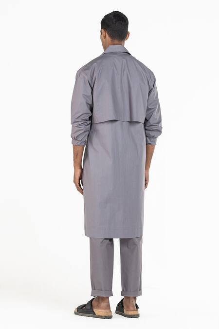 Shop_Three_Grey Poplin Plain Double Layered Jacket And Pant Set _at_Aza_Fashions