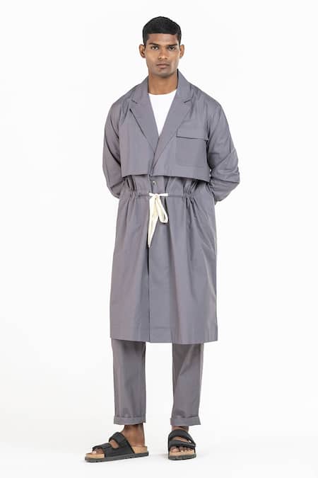 Shop_Three_Grey Poplin Plain Double Layered Jacket And Pant Set _Online_at_Aza_Fashions