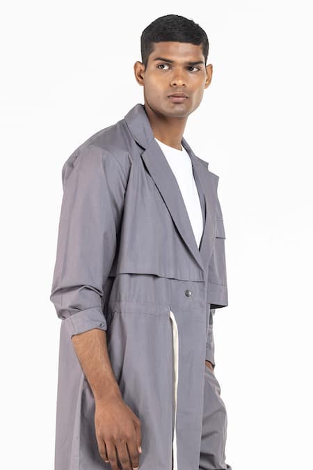 Three_Grey Poplin Plain Double Layered Jacket And Pant Set _at_Aza_Fashions