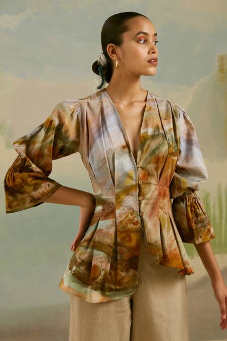 Cord_Brown Cotton Satin Terrain Print Plunge Neck Masai Top_Online_at_Aza_Fashions