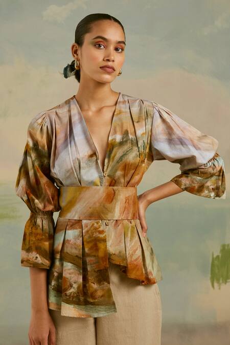 Buy_Cord_Brown Cotton Satin Terrain Print Plunge Neck Masai Top_Online_at_Aza_Fashions