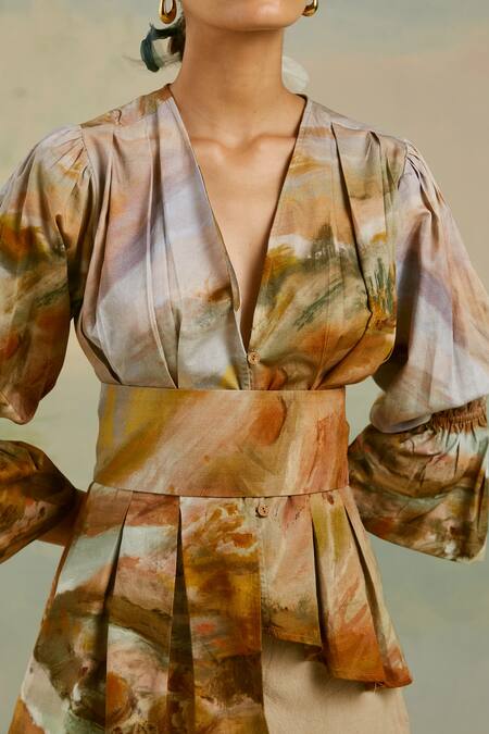 Shop_Cord_Brown Cotton Satin Terrain Print Plunge Neck Masai Top_Online_at_Aza_Fashions