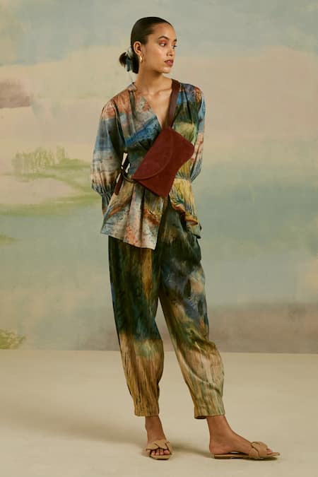 Cord Blue Cotton Satin Valley Print Plunge Neck Masai Top Online at Aza Fashions Cord_Blue Cotton Satin Valley Print Plunge Neck Masai Top_Online_at_Aza_Fashions