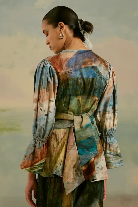 Shop Cord Blue Cotton Satin Valley Print Plunge Neck Masai Top at Aza Fashions Shop_Cord_Blue Cotton Satin Valley Print Plunge Neck Masai Top_at_Aza_Fashions