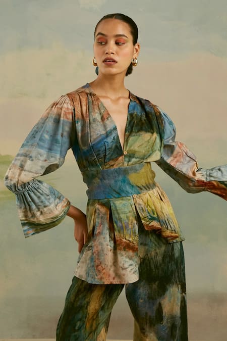 Buy Cord Blue Cotton Satin Valley Print Plunge Neck Masai Top Online at Aza Fashions Buy_Cord_Blue Cotton Satin Valley Print Plunge Neck Masai Top_Online_at_Aza_Fashions