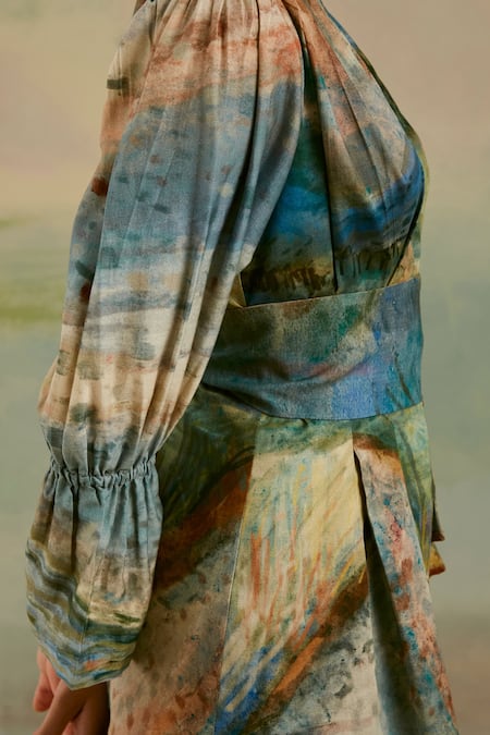 Shop Cord Blue Cotton Satin Valley Print Plunge Neck Masai Top Online at Aza Fashions Shop_Cord_Blue Cotton Satin Valley Print Plunge Neck Masai Top_Online_at_Aza_Fashions