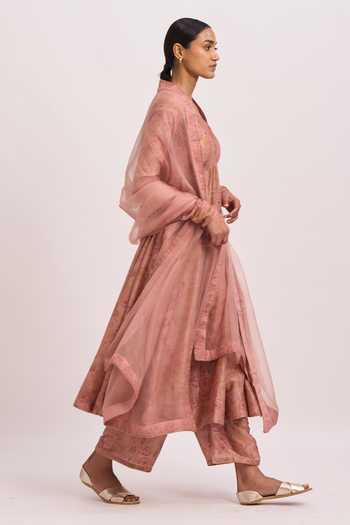 Dot Pink Anarkali And Pant Chanderi, Dupatta Organza Notched Collar Set Online at Aza Fashions Dot_Pink Anarkali And Pant Chanderi, Dupatta Organza Notched Collar Set _Online_at_Aza_Fashions