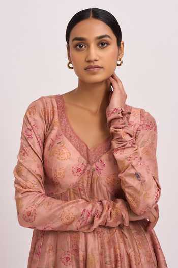 Dot Pink Anarkali And Pant Chanderi, Dupatta Organza Notched Collar Set at Aza Fashions Dot_Pink Anarkali And Pant Chanderi, Dupatta Organza Notched Collar Set _at_Aza_Fashions