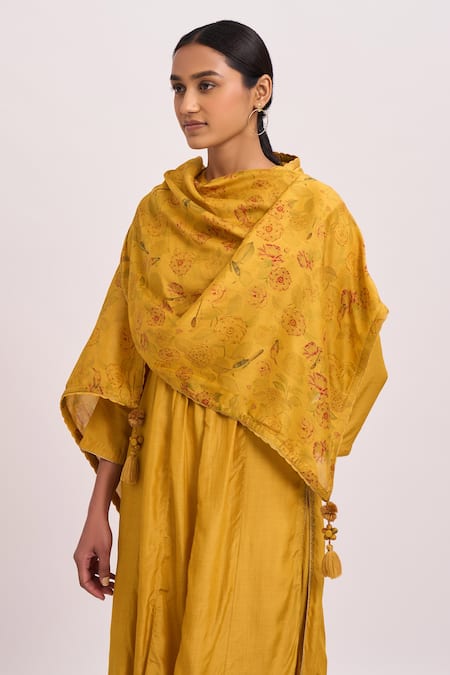 Dot_Yellow Kurta And Pant Cotton Silk, Scarf Chanderi Floral Motifs Embellished Set _at_Aza_Fashions