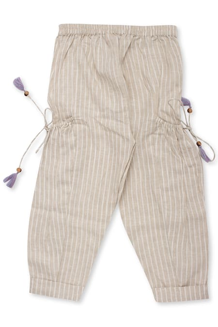 Little Luxury_Beige Linen Print Striped Baggy Pants  _Online_at_Aza_Fashions