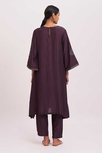 Shop Dot Purple Dupatta Chanderi, Kurta And Pant Cotton Silk Resham & Flared Sleeve Set at Aza Fashions Shop_Dot_Purple Dupatta Chanderi, Kurta And Pant Cotton Silk Resham & Flared Sleeve Set _at_Aza_Fashions